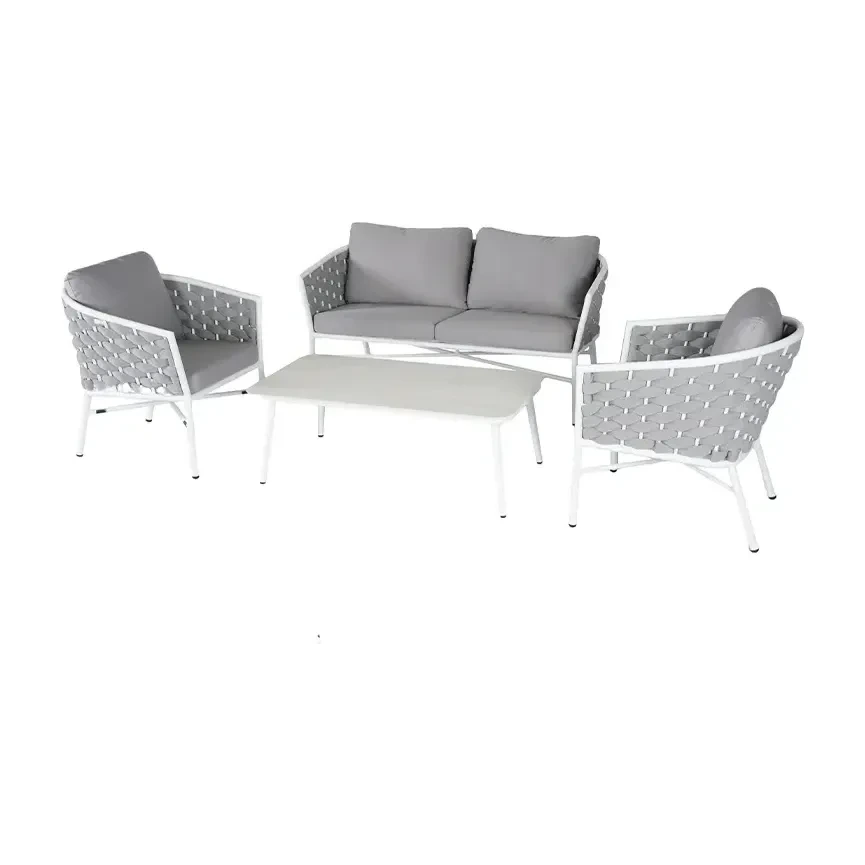 Salon de terrasse cordage COMO - tressage gris clair / blanc / gris