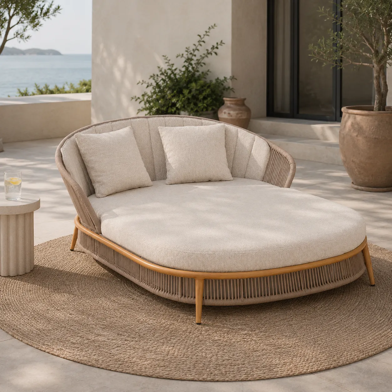 Lit de repos de terrasse cordage FORMENTERA - cordage sable, structure effet bois