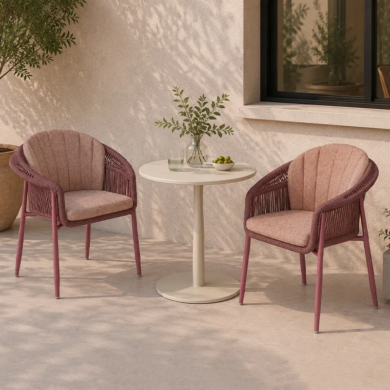 Fauteuil de terrasse BANDOL - cordage bordeaux, coussins rose poudré