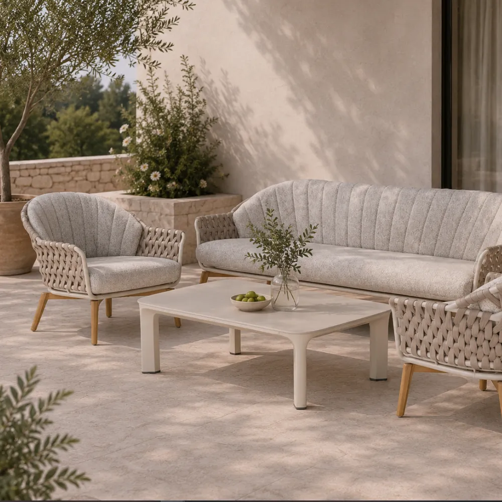 Salon de terrasse cordage MAJORQUE - tressage large sable, dossier coquille