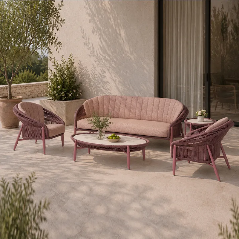 Salon de terrasse cordage MENERBES - cordage bordeaux, coussins rose poudré