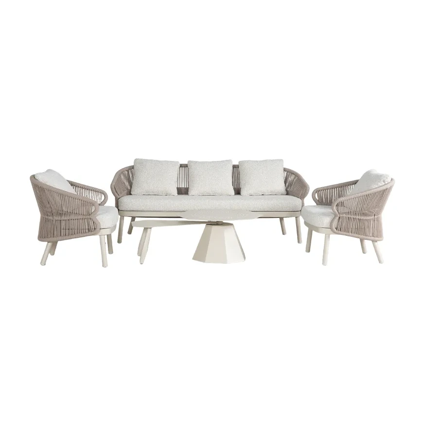 Salon de terrasse cordage SAINT-TROPEZ - cordage sable, table gigogne pivotante