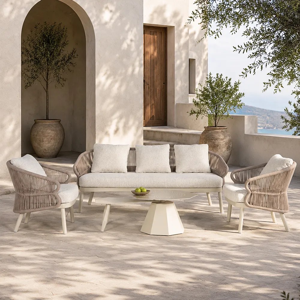 Salon de terrasse cordage SAINT-TROPEZ - cordage sable, table gigogne pivotante