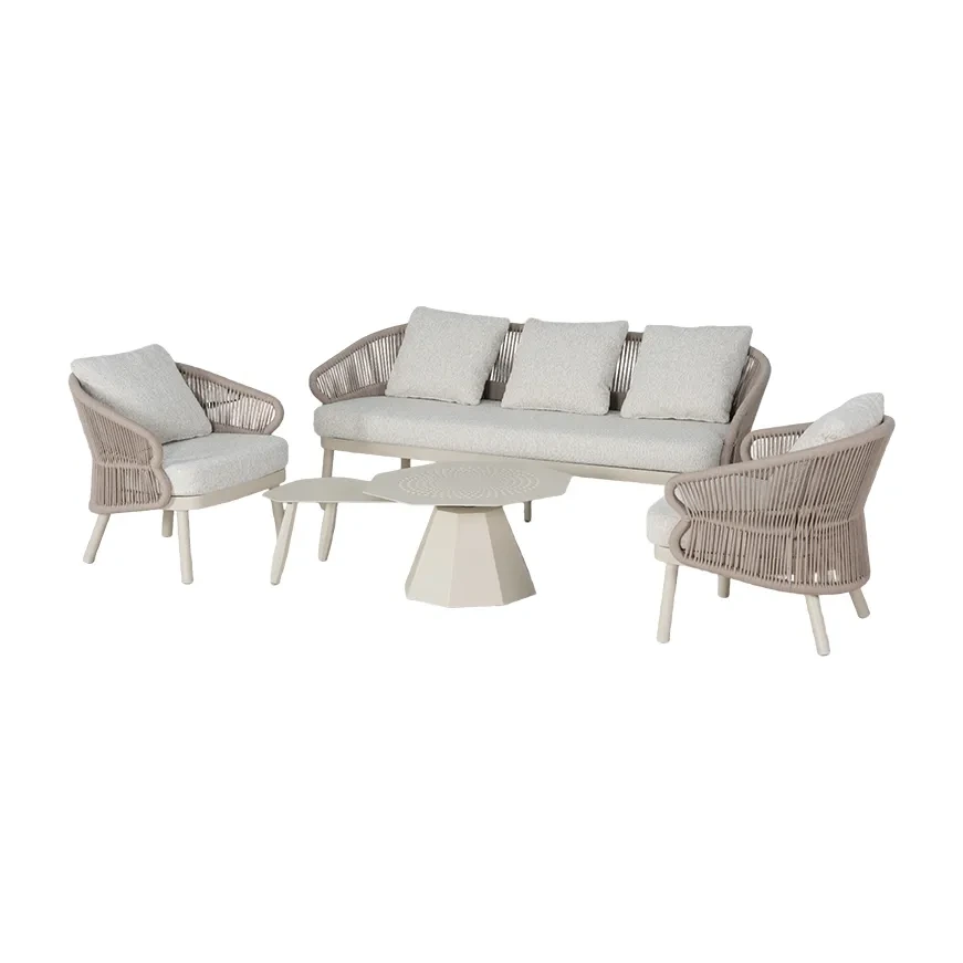 Salon de terrasse cordage SAINT-TROPEZ - cordage sable, table gigogne pivotante