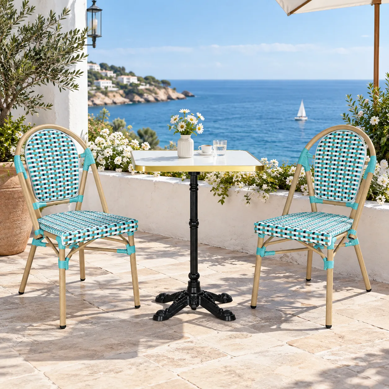 Chaise de bistrot VAVIN - tressage pointillé turquoise / blanc