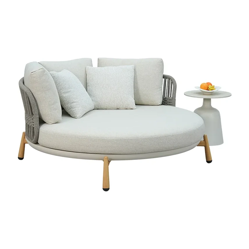 Lit de repos de terrasse cordage PAMPELONNE - cordage gris clair, coussins crème